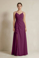 A - Line Ruffled Spaghetti Strap Chiffon Bridesmaid Dress in Fig - KissProm Bridesmaid Dresses