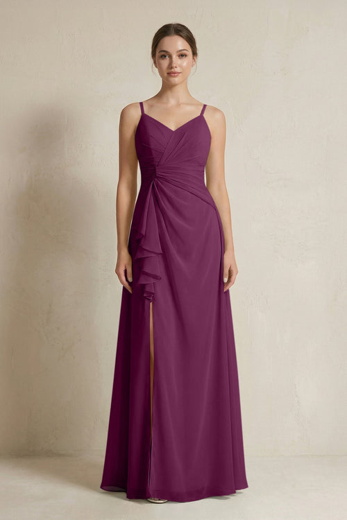 A - Line Ruffled Spaghetti Strap Chiffon Bridesmaid Dress in Fig - KissProm Bridesmaid Dresses