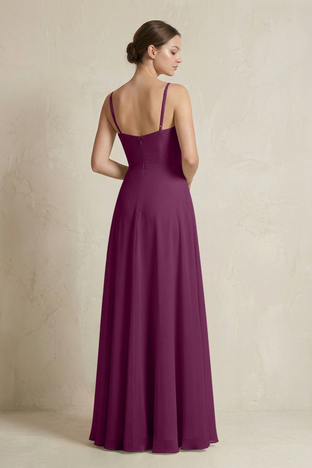 A - Line Ruffled Spaghetti Strap Chiffon Bridesmaid Dress in Fig - KissProm Bridesmaid Dresses