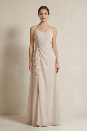 A - Line Ruffled Spaghetti Strap Chiffon Bridesmaid Dress in Frost - KissProm Bridesmaid Dresses
