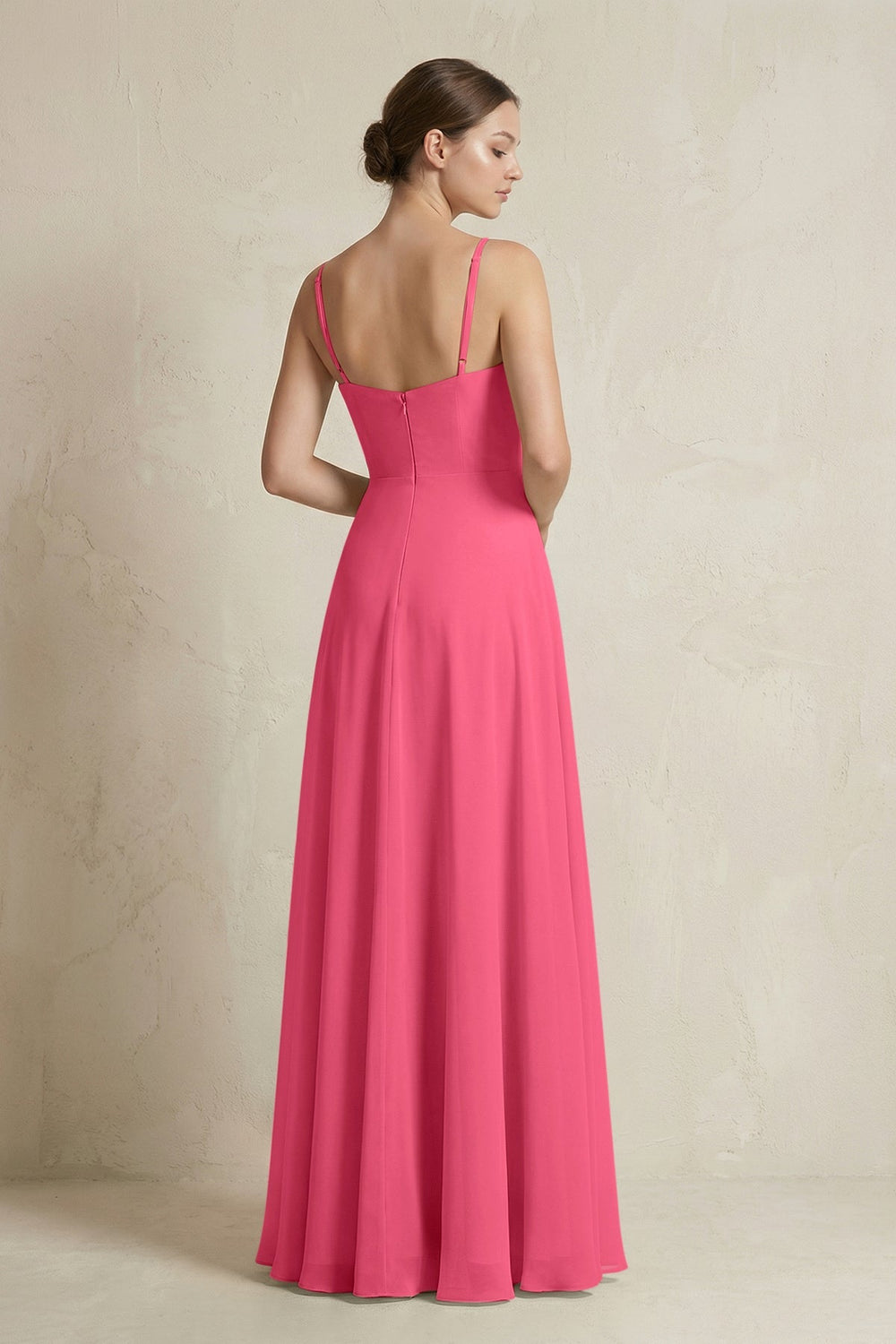 A - Line Ruffled Spaghetti Strap Chiffon Bridesmaid Dress in Fuchsia - KissProm Bridesmaid Dresses