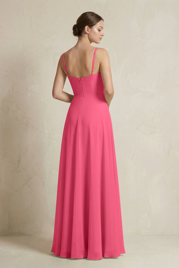 A - Line Ruffled Spaghetti Strap Chiffon Bridesmaid Dress in Fuchsia - KissProm Bridesmaid Dresses
