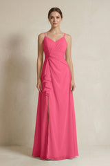 A - Line Ruffled Spaghetti Strap Chiffon Bridesmaid Dress in Fuchsia - KissProm Bridesmaid Dresses