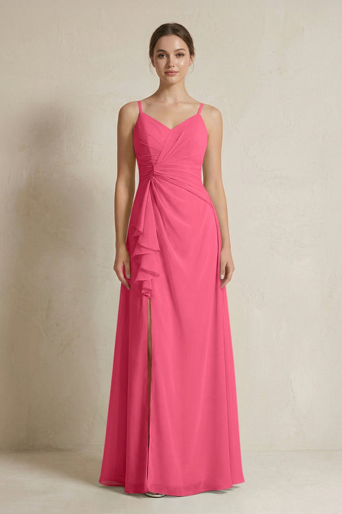 A - Line Ruffled Spaghetti Strap Chiffon Bridesmaid Dress in Fuchsia - KissProm Bridesmaid Dresses