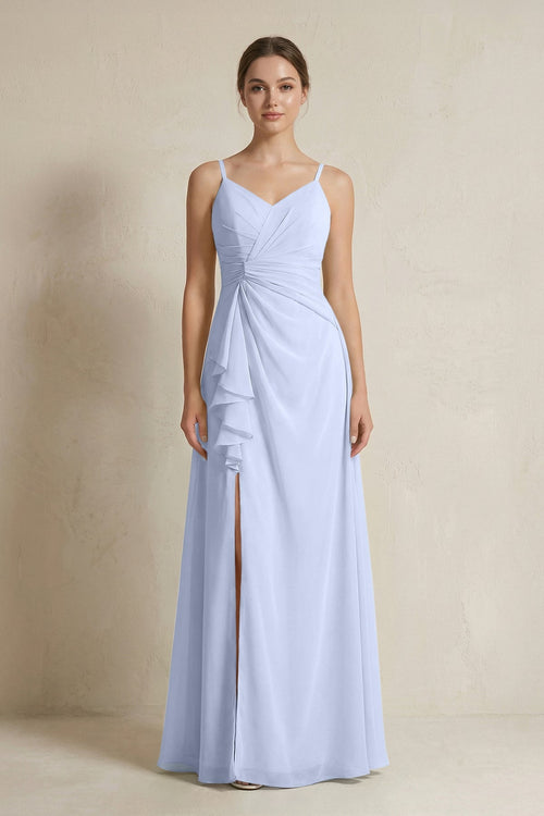 A - Line Ruffled Spaghetti Strap Chiffon Bridesmaid Dress in Ice - KissProm Bridesmaid Dresses