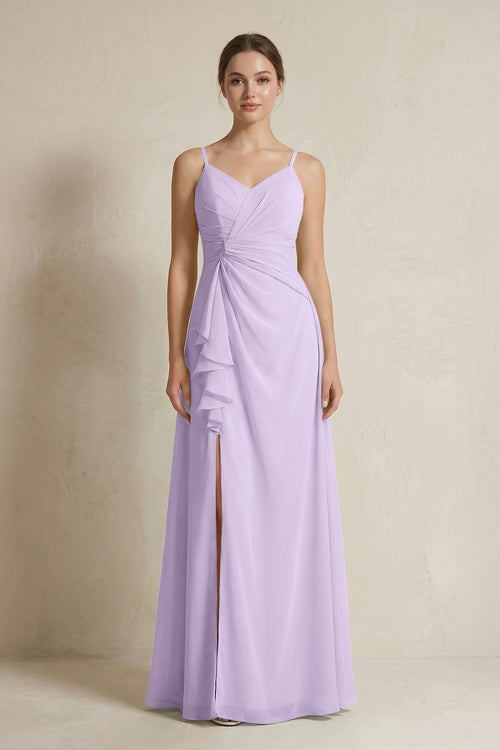 A - Line Ruffled Spaghetti Strap Chiffon Bridesmaid Dress in Lavender - KissProm Bridesmaid Dresses