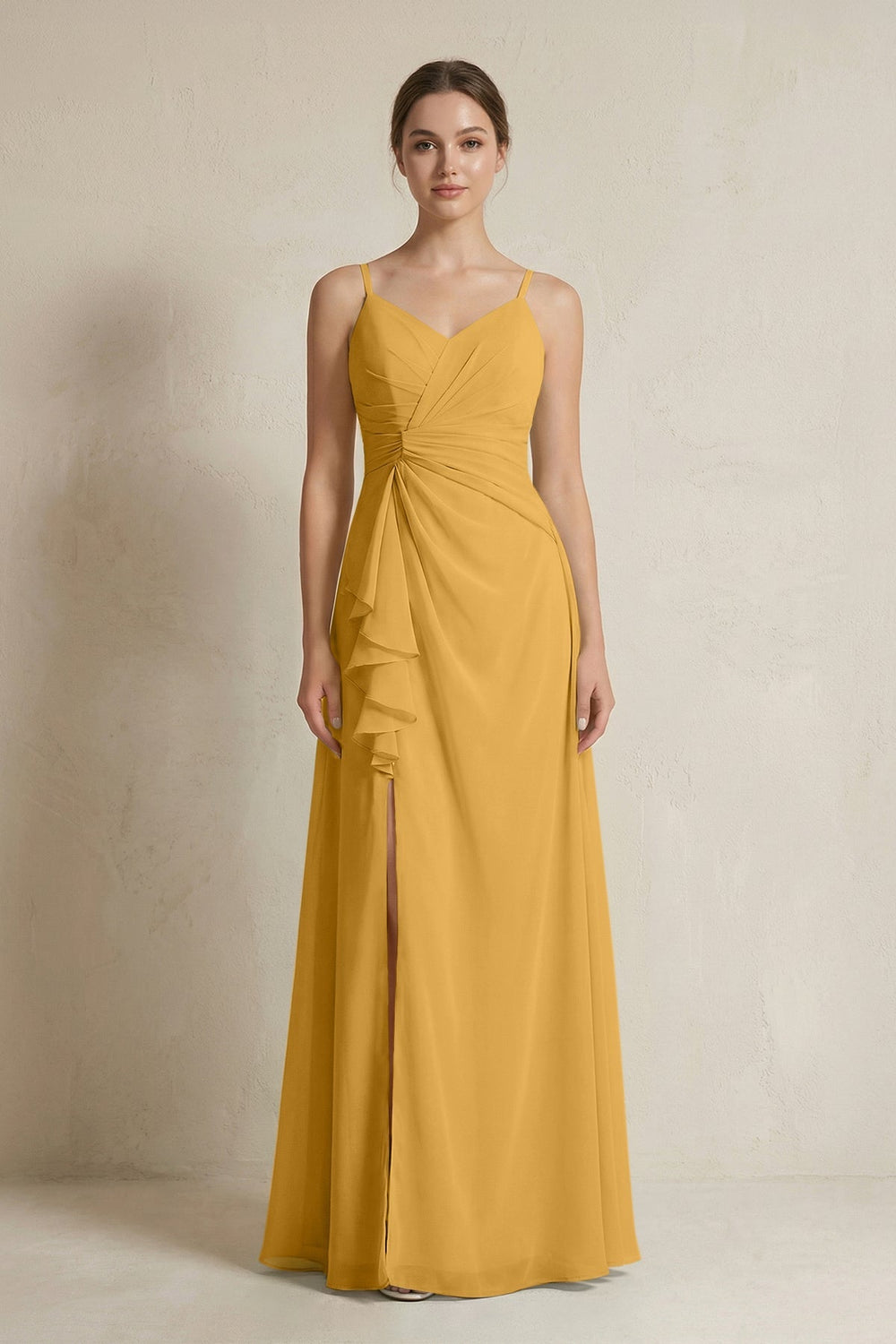 A - Line Ruffled Spaghetti Strap Chiffon Bridesmaid Dress in Marigold - KissProm Bridesmaid Dresses
