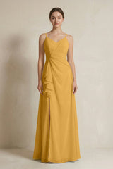 A - Line Ruffled Spaghetti Strap Chiffon Bridesmaid Dress in Marigold - KissProm Bridesmaid Dresses