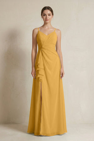 A - Line Ruffled Spaghetti Strap Chiffon Bridesmaid Dress in Marigold - KissProm Bridesmaid Dresses