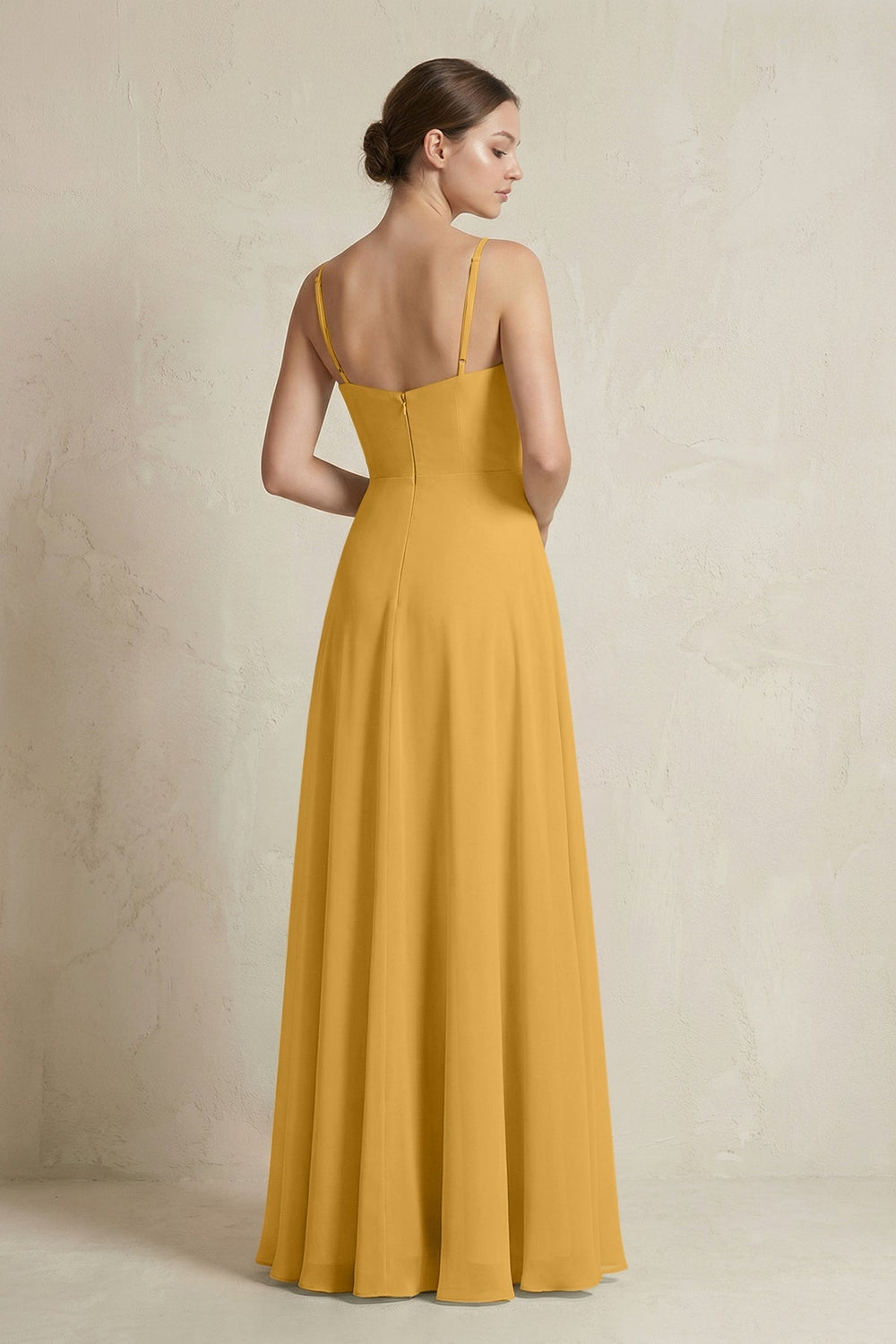 A - Line Ruffled Spaghetti Strap Chiffon Bridesmaid Dress in Marigold - KissProm Bridesmaid Dresses