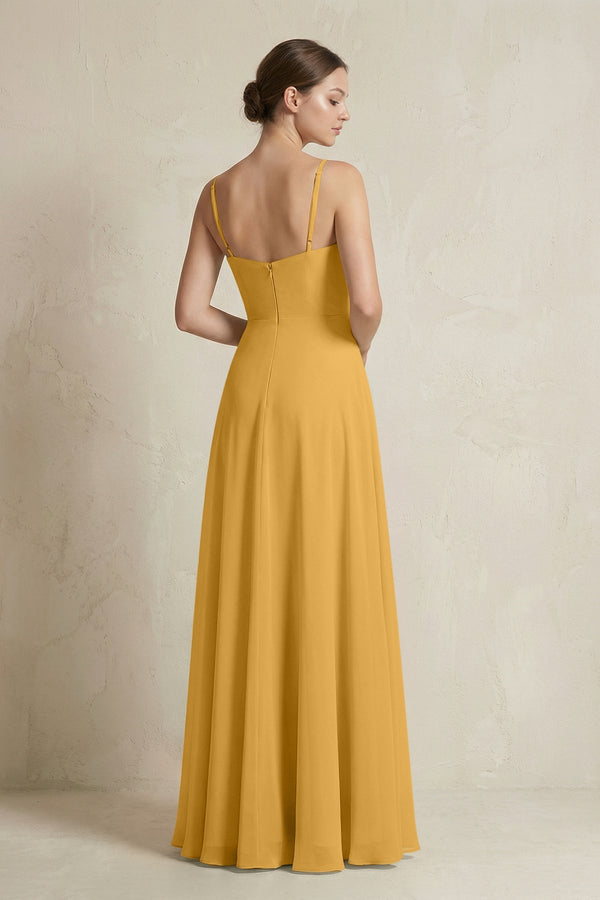 A - Line Ruffled Spaghetti Strap Chiffon Bridesmaid Dress in Marigold - KissProm Bridesmaid Dresses