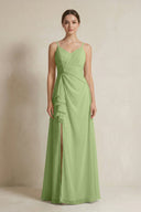A - Line Ruffled Spaghetti Strap Chiffon Bridesmaid Dress in Matcha - KissProm Bridesmaid Dresses