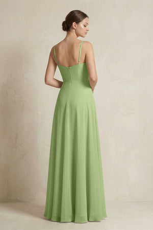 A - Line Ruffled Spaghetti Strap Chiffon Bridesmaid Dress in Matcha - KissProm Bridesmaid Dresses