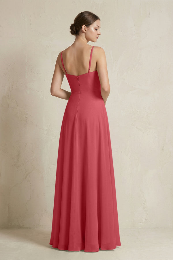 A - Line Ruffled Spaghetti Strap Chiffon Bridesmaid Dress in Merlot - KissProm Bridesmaid Dresses