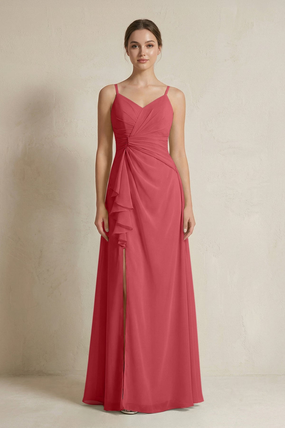 A - Line Ruffled Spaghetti Strap Chiffon Bridesmaid Dress in Merlot - KissProm Bridesmaid Dresses