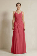 A - Line Ruffled Spaghetti Strap Chiffon Bridesmaid Dress in Merlot - KissProm Bridesmaid Dresses