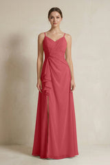 A - Line Ruffled Spaghetti Strap Chiffon Bridesmaid Dress in Merlot - KissProm Bridesmaid Dresses