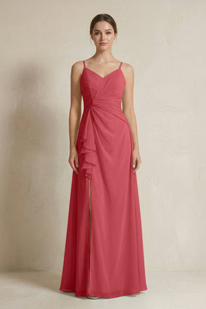 A - Line Ruffled Spaghetti Strap Chiffon Bridesmaid Dress in Merlot - KissProm Bridesmaid Dresses