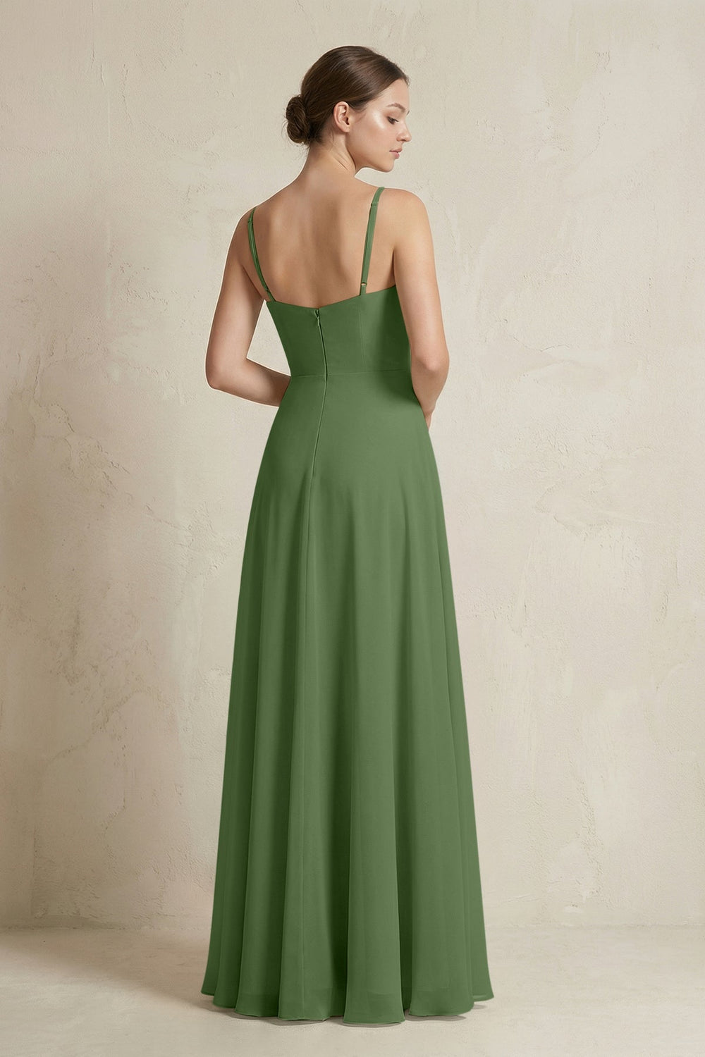 A - Line Ruffled Spaghetti Strap Chiffon Bridesmaid Dress in Moss - KissProm Bridesmaid Dresses
