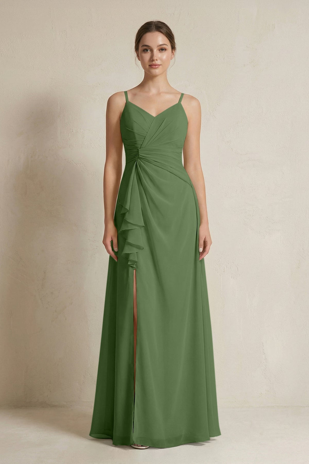 A - Line Ruffled Spaghetti Strap Chiffon Bridesmaid Dress in Moss - KissProm Bridesmaid Dresses