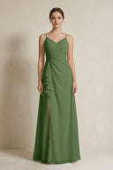 A - Line Ruffled Spaghetti Strap Chiffon Bridesmaid Dress in Moss - KissProm Bridesmaid Dresses