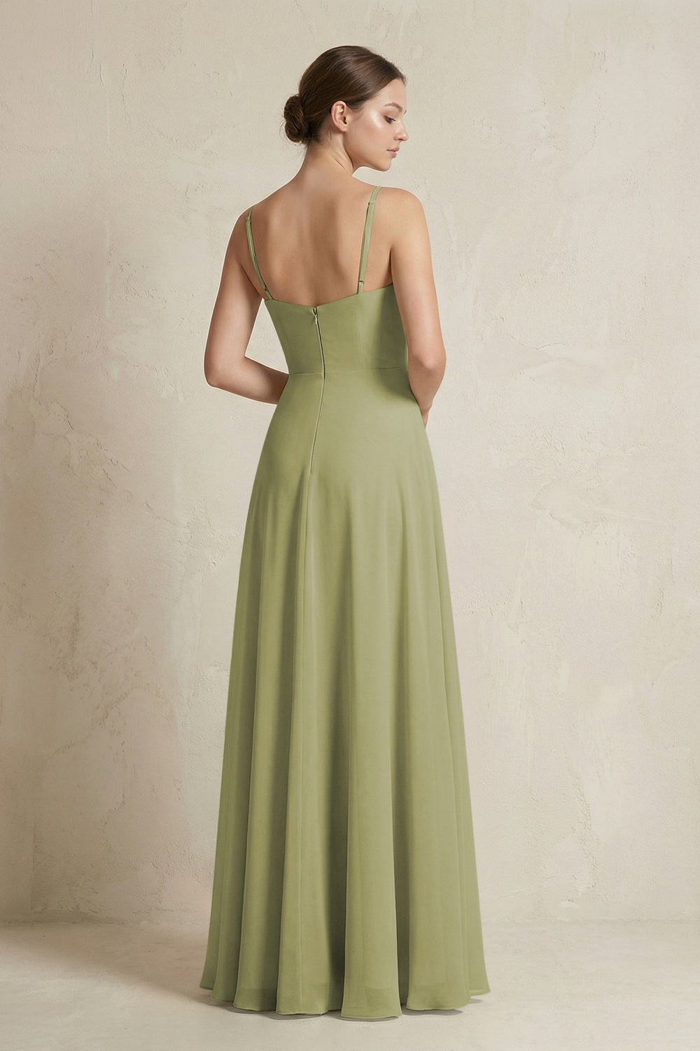 A - Line Ruffled Spaghetti Strap Chiffon Bridesmaid Dress in Moss Green - KissProm Bridesmaid Dresses