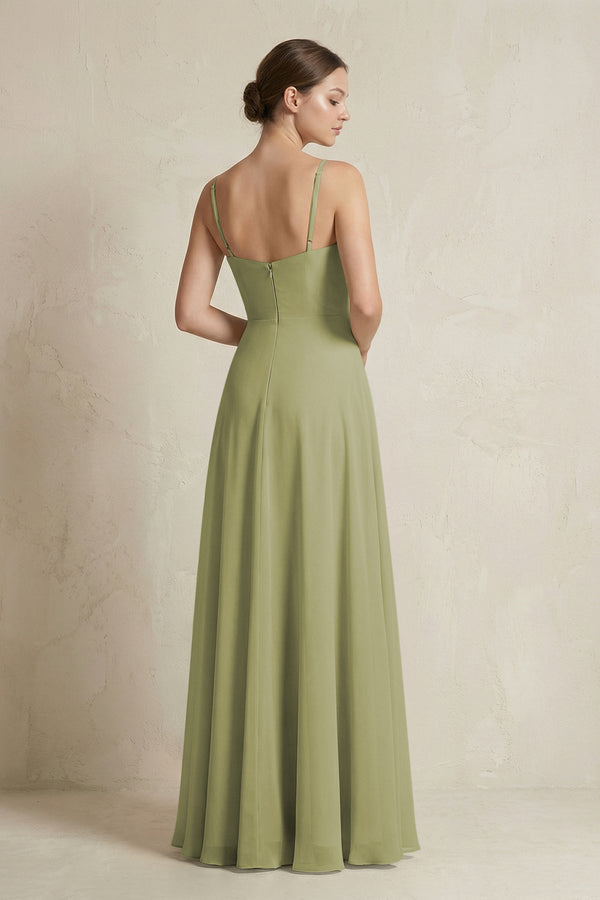 A - Line Ruffled Spaghetti Strap Chiffon Bridesmaid Dress in Moss Green - KissProm Bridesmaid Dresses