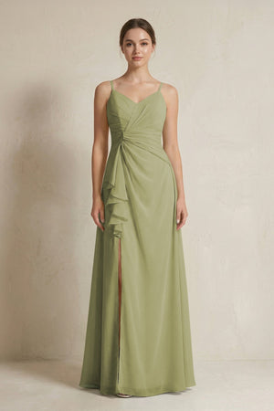 A - Line Ruffled Spaghetti Strap Chiffon Bridesmaid Dress in Moss Green - KissProm Bridesmaid Dresses
