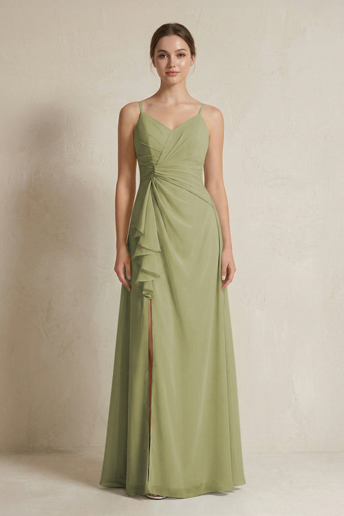 A - Line Ruffled Spaghetti Strap Chiffon Bridesmaid Dress in Moss Green - KissProm Bridesmaid Dresses
