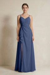 A - Line Ruffled Spaghetti Strap Chiffon Bridesmaid Dress in Navy - KissProm Bridesmaid Dresses