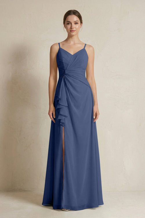 A - Line Ruffled Spaghetti Strap Chiffon Bridesmaid Dress in Navy - KissProm Bridesmaid Dresses