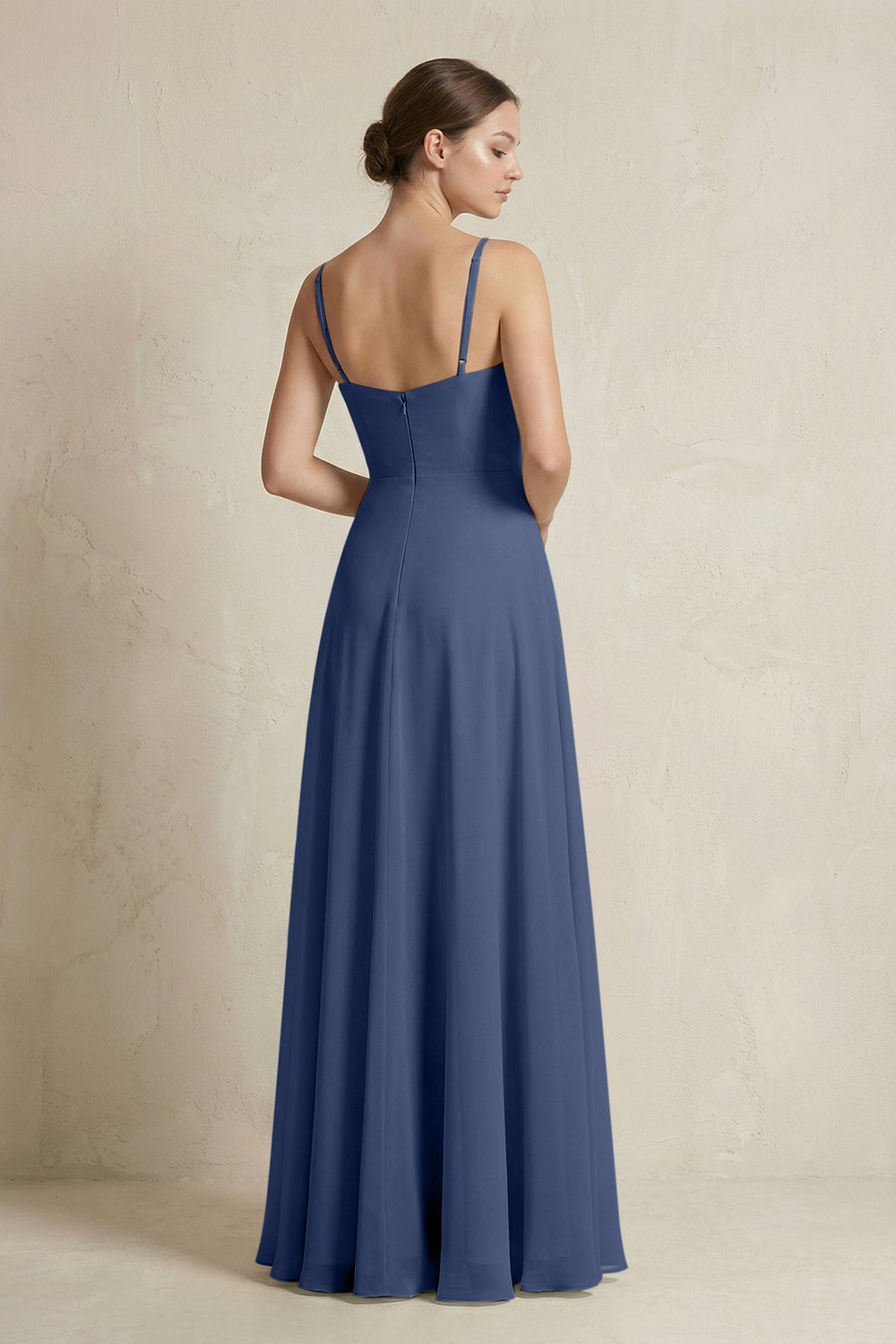 A - Line Ruffled Spaghetti Strap Chiffon Bridesmaid Dress in Navy - KissProm Bridesmaid Dresses