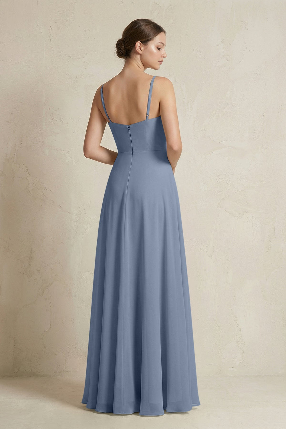 A - Line Ruffled Spaghetti Strap Chiffon Bridesmaid Dress in Neptune - KissProm Bridesmaid Dresses