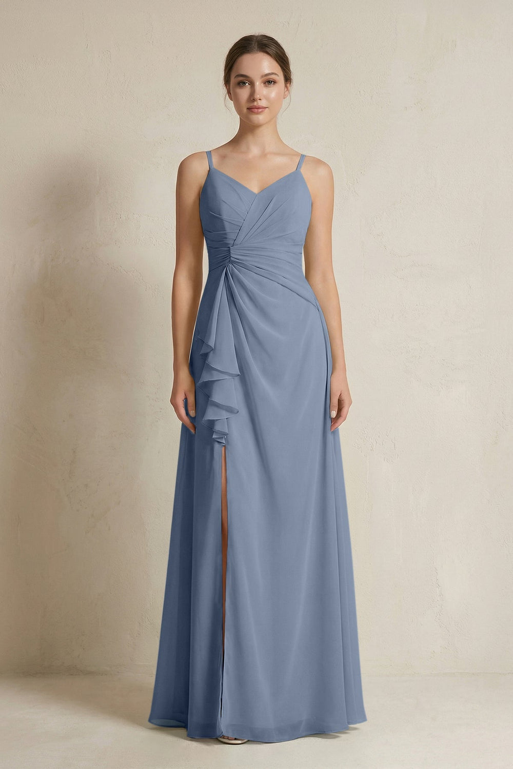 A - Line Ruffled Spaghetti Strap Chiffon Bridesmaid Dress in Neptune - KissProm Bridesmaid Dresses