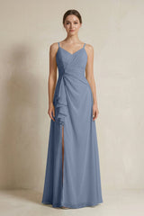 A - Line Ruffled Spaghetti Strap Chiffon Bridesmaid Dress in Neptune - KissProm Bridesmaid Dresses