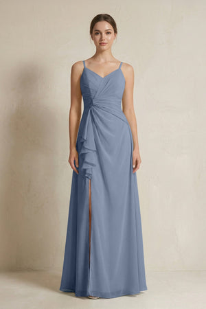 A - Line Ruffled Spaghetti Strap Chiffon Bridesmaid Dress in Neptune - KissProm Bridesmaid Dresses