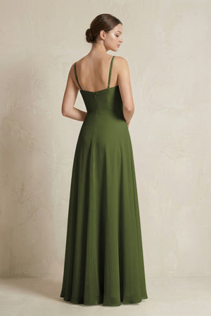 A - Line Ruffled Spaghetti Strap Chiffon Bridesmaid Dress in Olive - KissProm Bridesmaid Dresses