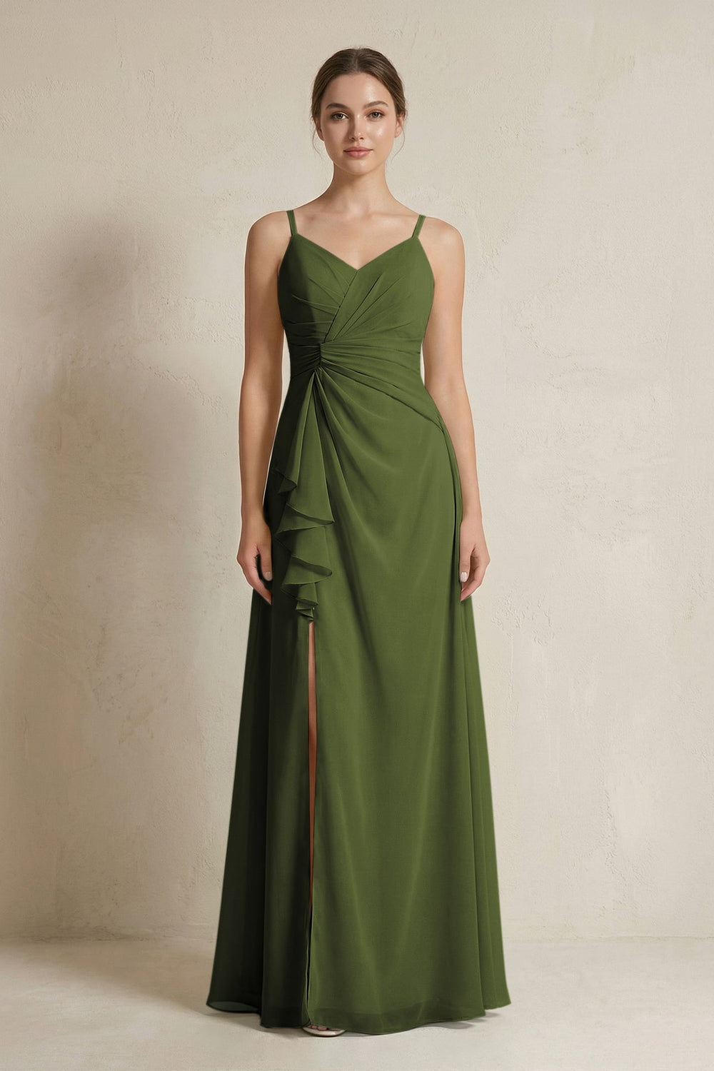 A - Line Ruffled Spaghetti Strap Chiffon Bridesmaid Dress in Olive - KissProm Bridesmaid Dresses