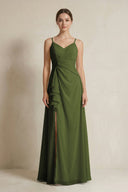A - Line Ruffled Spaghetti Strap Chiffon Bridesmaid Dress in Olive - KissProm Bridesmaid Dresses