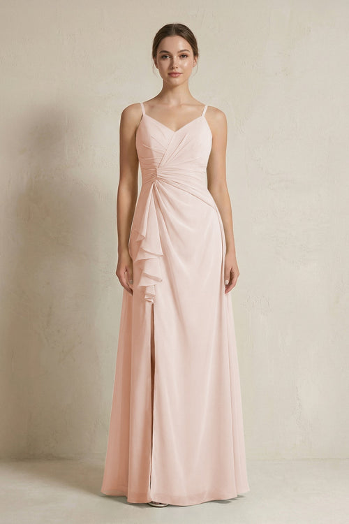 A - Line Ruffled Spaghetti Strap Chiffon Bridesmaid Dress in Pale Blush - KissProm Bridesmaid Dresses
