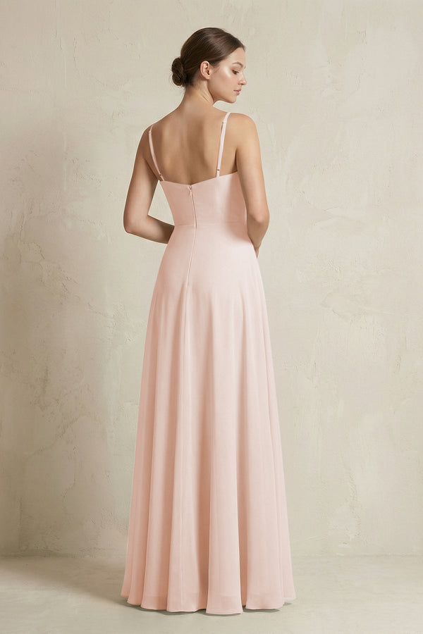 A - Line Ruffled Spaghetti Strap Chiffon Bridesmaid Dress in Pale Blush - KissProm Bridesmaid Dresses