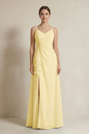A - Line Ruffled Spaghetti Strap Chiffon Bridesmaid Dress in Pastel Yellow - KissProm Bridesmaid Dresses