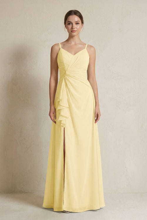 A - Line Ruffled Spaghetti Strap Chiffon Bridesmaid Dress in Pastel Yellow - KissProm Bridesmaid Dresses