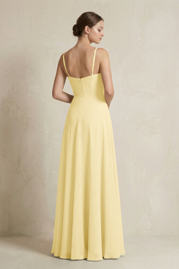 KissProm A-Line Ruffled Spaghetti Strap Chiffon Bridesmaid Dress in Pastel Yellow, Pastel Yellow / 26