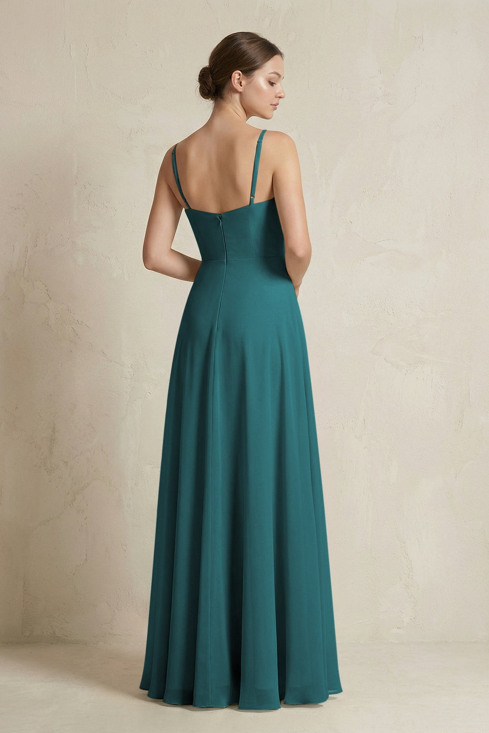 A - Line Ruffled Spaghetti Strap Chiffon Bridesmaid Dress in Pine - KissProm Bridesmaid Dresses