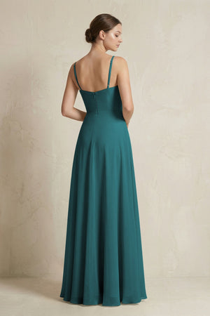 A - Line Ruffled Spaghetti Strap Chiffon Bridesmaid Dress in Pine - KissProm Bridesmaid Dresses