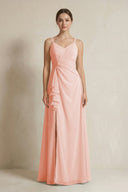 A - Line Ruffled Spaghetti Strap Chiffon Bridesmaid Dress in Rose Petal - KissProm Bridesmaid Dresses