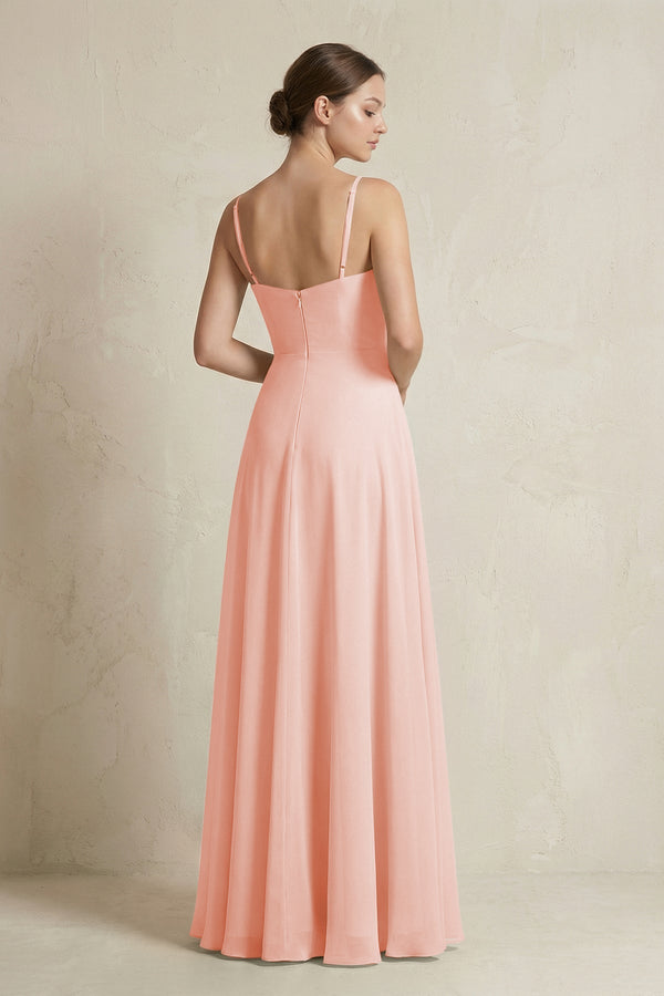 A - Line Ruffled Spaghetti Strap Chiffon Bridesmaid Dress in Rose Petal - KissProm Bridesmaid Dresses