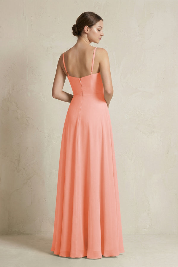 A - Line Ruffled Spaghetti Strap Chiffon Bridesmaid Dress in Rosette - KissProm Bridesmaid Dresses