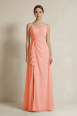 A - Line Ruffled Spaghetti Strap Chiffon Bridesmaid Dress in Rosette - KissProm Bridesmaid Dresses
